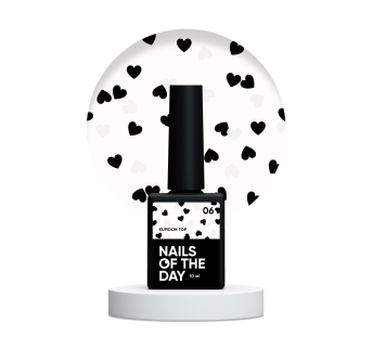 NAILSOFTHEDAY Kupidon top 06 — ніжне фінішне покриття для нігтів з чорними та білими сердечками, без липкого шару, 10 мл