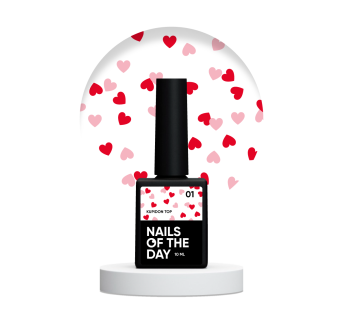 NAILSOFTHEDAY Kupidon top 01 — ніжне фінішне покриття для нігтів з насичено червоними та рожевими сердечками, без липкого шару, 10 мл