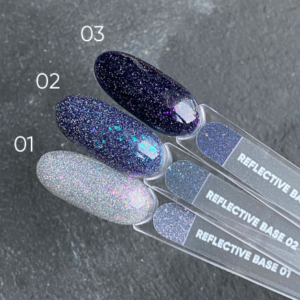NAILSOFTHENIGHT Reflective base 03 камуфлююча світловідбиваюча база з шимером (фіолетові та рожеві блискітки), 10 мл